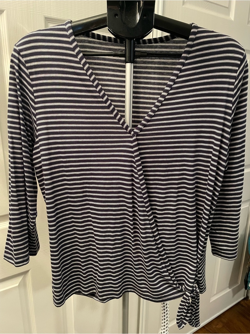 Eddie Bauer Navy and White Striped V-Neck Faux Wrap Top